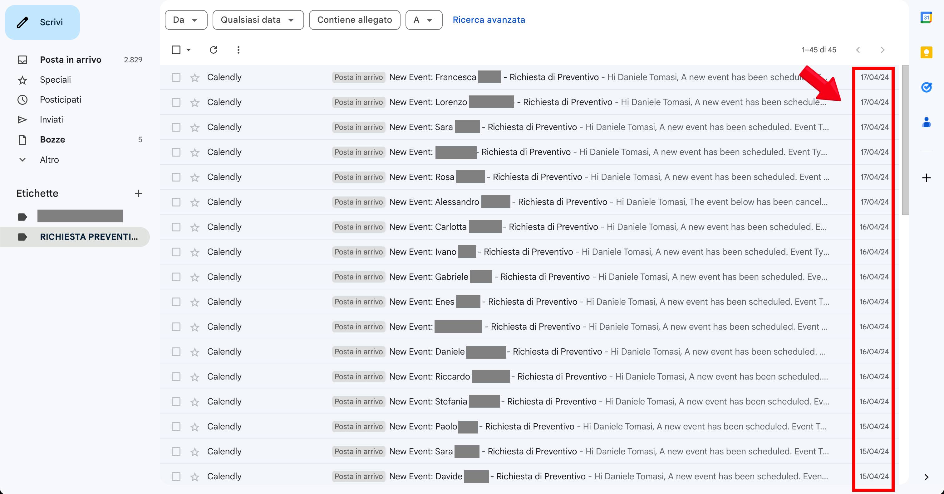 Screenshot inbox/calendario (richieste ravvicinate)