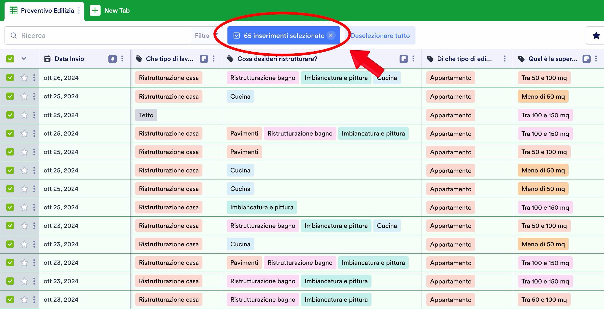 Screenshot lista richieste (Jotform)
