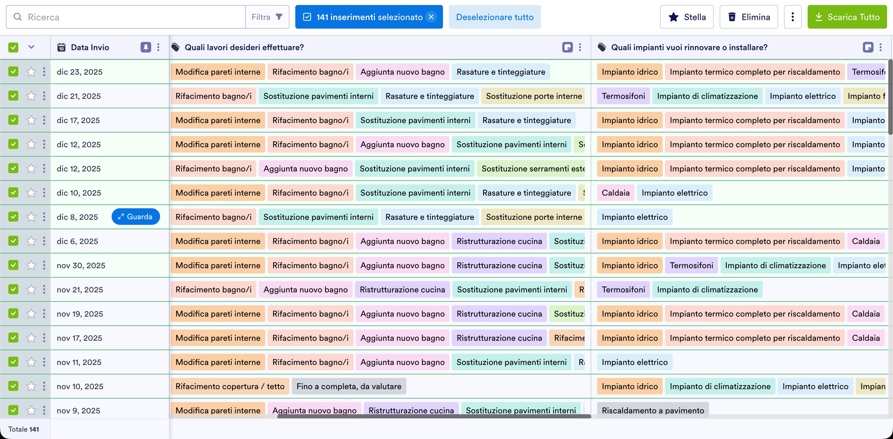 Screenshot foglio Excel (qualità richieste)